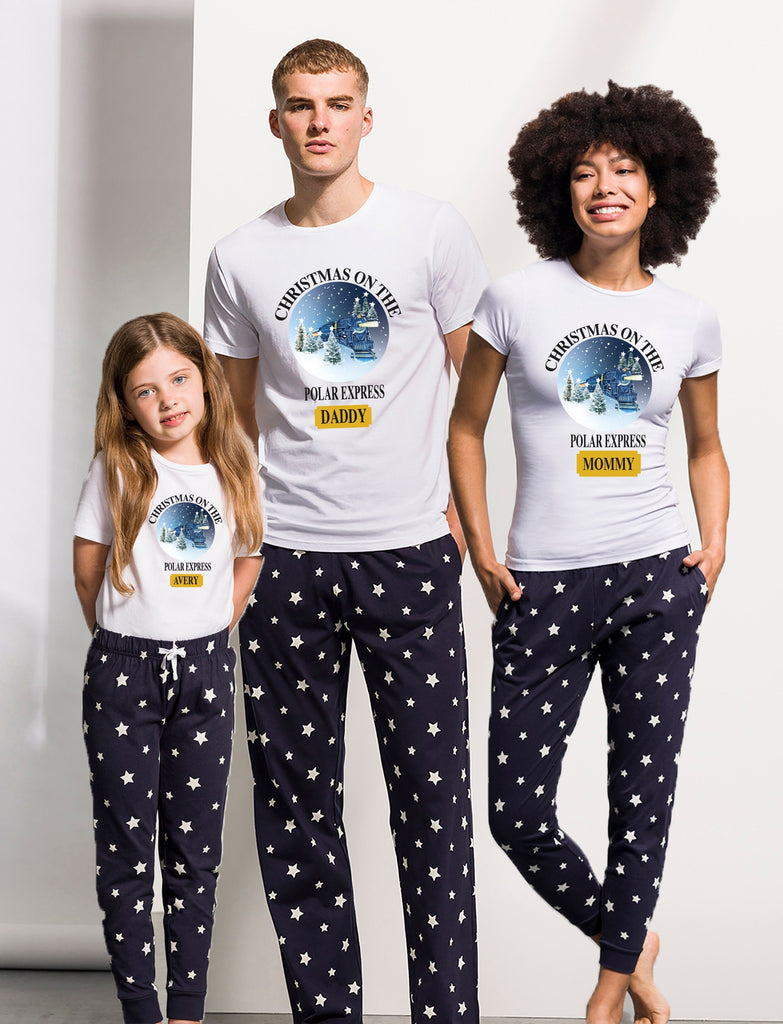 Polar Express Pyjamas Personalised. White T-shirt features a polar express train figure and the name